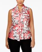 Nine West Plus Size Printed Satin Tie-neck Top