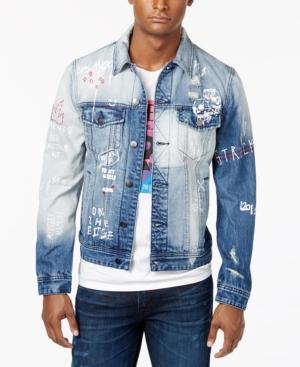 Guess Men's Embroidered Ripped And Faded Denim Jacket