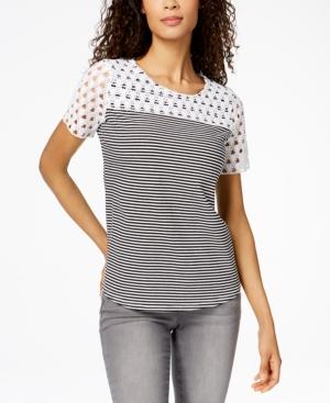 Charter Club Striped Crochet-contrast T-shirt, Created For Macy's
