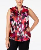 Kasper Plus Size Floral-print Tie-neck Blouse
