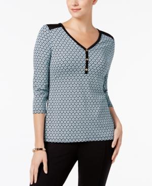 Charter Club Printed 3/4-sleeve Henley Top, Created For Macy's