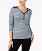 Charter Club Printed 3/4-sleeve Henley Top, Created For Macy's