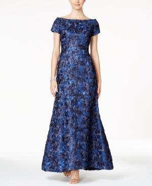 B Michael Sequined Rosette Off-the-shoulder Gown