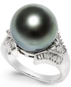 Cultured Tahitian Black Pearl (13mm) And Diamond (3/5 Ct. T.w.) Ring In 14k White Gold