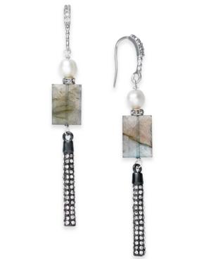 Paul & Pitu Naturally Two-tone Pave, Gray Stone & Imitation Pearl Linear Drop Earrings