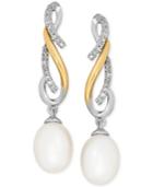 Cultured Freshwater Pearl (7mm) And Diamond (1/10 Ct. T.w.) Drop Earrings In Sterling Silver And 14k Gold