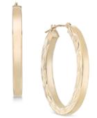 Flower Etched Oval Hoop Earrings In 10k Gold