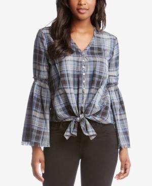 Karen Kane Bell-sleeve Tie-front Plaid Shirt