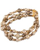 Carolee Gold-tone Brown Imitation Pearl And Pave Stretch Bracelet