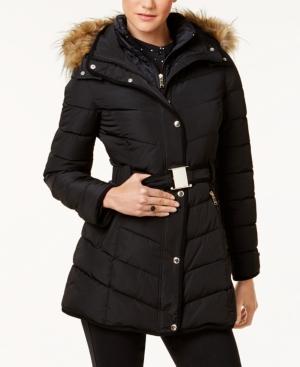 Tommy Hilfiger Faux-fur-trim Layered Hooded Belted Puffer Coat