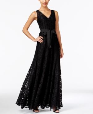 Calvin Klein V-neck Belted Lace Gown