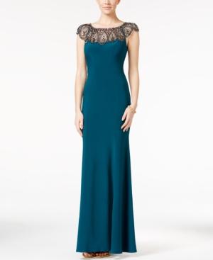 Xscape Petite Beaded Cap-sleeve Gown