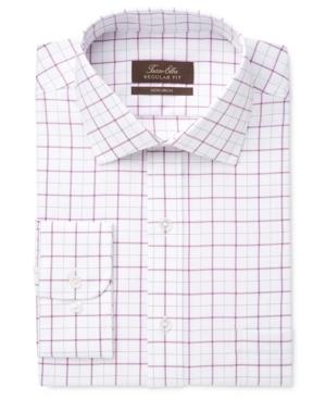 Tasso Elba Men's Classic/regular Fit Non-iron Mulberry White Windowpane Dress Shirt, Created For Macy's