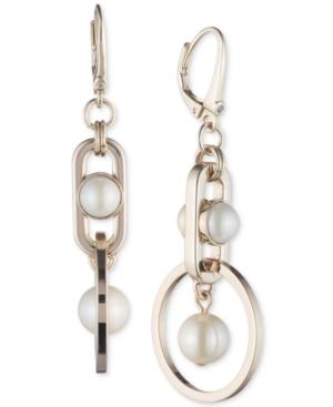 Dkny Gold-tone Link & Imitation Pearl Drop Earrings, Created For Macy's