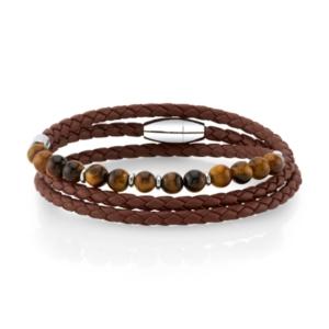 He Rocks Brown Leather And Tiger Eye Bead Triple Wrap Bracelet With Stainless Steel Clasp, 26