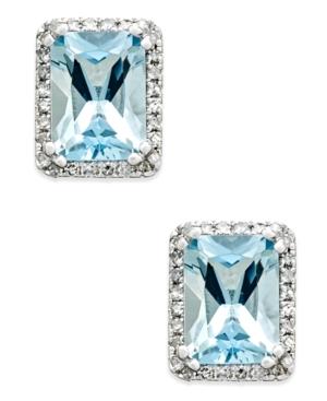 Aquamarine (1-1/2 Ct. T.w.) And Diamond (1/6 Ct. T.w.) Halo Stud Earrings In 14k White Gold