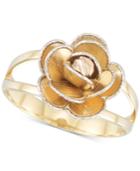 Tri-colour Flower Split Shank Ring In 14k Gold, White Gold & Rose Gold