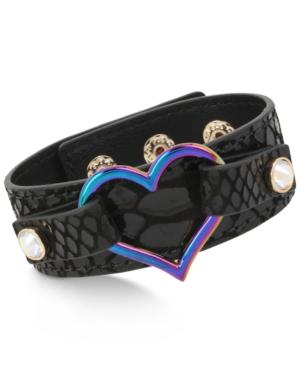 Betsey Johnson Two-tone Open Heart Black Leather Snap Bracelet