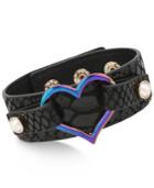 Betsey Johnson Two-tone Open Heart Black Leather Snap Bracelet