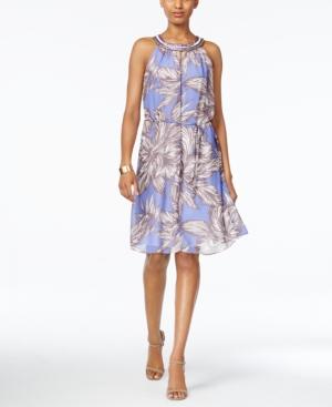 Nine West Tropical-print Embellished Halter Dress