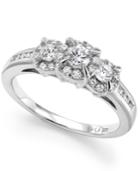 Diamond Three-stone Halo Ring (1/2 Ct. T.w.) In 14k White Gold