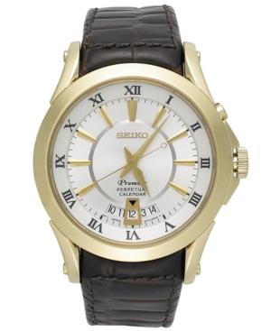 Seiko Watch, Men's Premier Perpetual Calendar Brown Leather Strap 40mm Snq118