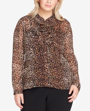 Tahari Asl Plus Size Printed Double-ruffle Blouse