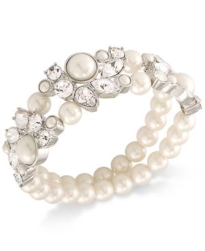 Carolee Silver-tone Imitation Pearl And Crystal Double-row Stretch Bracelet