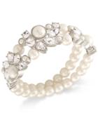 Carolee Silver-tone Imitation Pearl And Crystal Double-row Stretch Bracelet