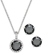Charter Club Silver-tone Jet Stone Pendant Necklace And Stud Earrings Boxed