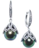 Tahitian Freshwater Pearl (10mm) And White Topaz Accent Drop Earrings In Sterling Silver