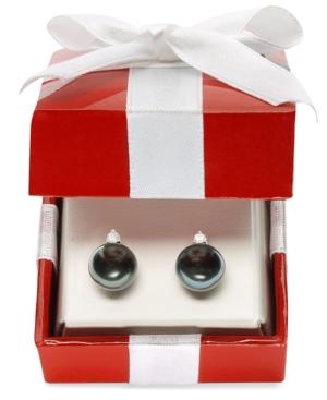 Pearl Earrings, 14k White Gold Cultured Tahitian Black Pearl (8mm) And Diamond (1/10 Ct. T.w.) Stud Earrings