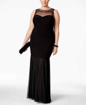 Xscape Plus Size Beaded Illusion Mermaid Gown