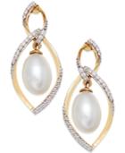 Cultured Freshwater Pearl (9mm) And Diamond Accent Earrings In 14k Gold