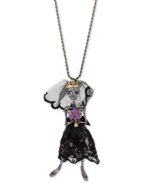 Betsey Johnson Black-tone Crystal & Mesh Skeleton Bride Pendant Necklace, 36 + 3 Extender