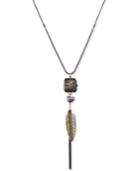 Two-tone Stone, Leaf And Tassel Lariat Necklace