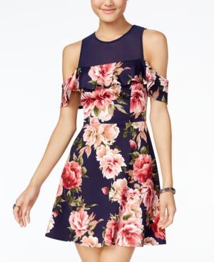 B Darlin Juniors' Printed Illusion Cold-shoulder Fit & Flare Dress
