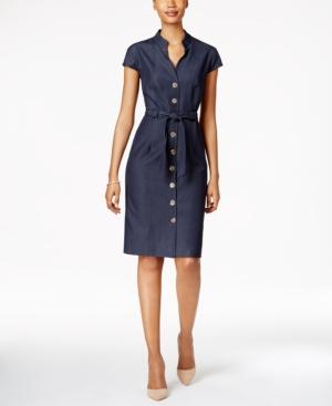 Connected Belted Button-front Denim Dress