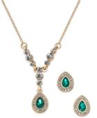 Charter Club Gold-tone Green Stone Teardrop Pendant Necklace And Stud Earrings