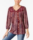 Style & Co Petite Printed Lace-trim Top, Only At Macy's