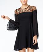 Crystal Doll Juniors' Embroidered Illusion Bell-sleeve Fit & Flare Dress