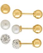 3-pc Set Cultured Freshwater Pearl (4mm), Crystal Fireball And Gold Ball Front And Back Earrings In 14k Gold