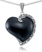Onyx (17x15mm) & Marcasite Heart Pendant In Sterling Silver
