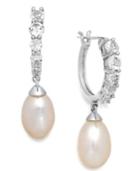 White Topaz (1 Ct. T.w.) And Cultured Freshwater Pearl (7mm) Hoop Earrings In Sterling Silver