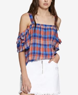 Sanctuary Dawn Cotton Plaid Cold-shoulder Top