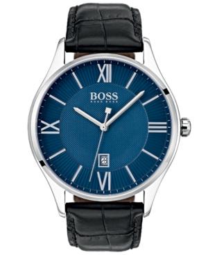Boss Men's Governor Black Leather Strap Watch 44mm
