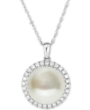 Cultured South Sea Pearl (12mm) And Diamond (1/3 Ct. T.w.) Halo Necklace In 14k White Gold, 16 + 2 Extender