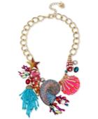 Betsey Johnson Gold-tone Crystal, Stone, Bead & Imitation Pearl Seashell Statement Necklace, 16-1/2 + 3 Extender