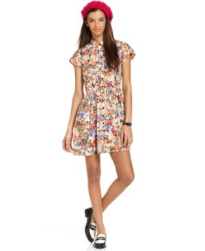 Bar Iii Dress  Short Sleeve Floral Print Shirtdress