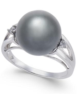 Cultured Black Tahitian Pearl (11mm) And Diamond Accent Ring In Sterling Silver
